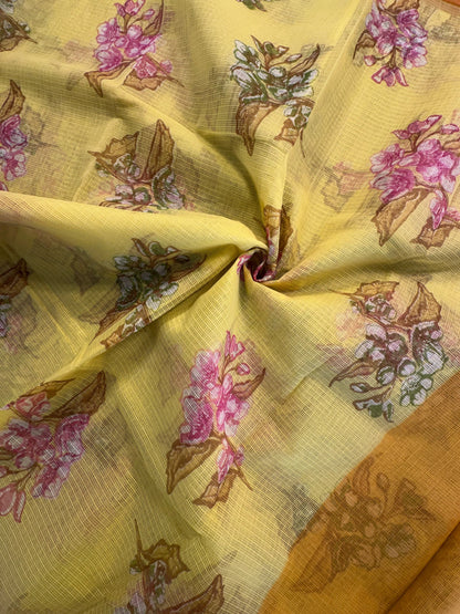 Yellow Floral Print Kota Doria Cotton Saree