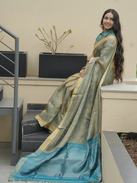 Sea Green Emboss Tissue Silk Saree