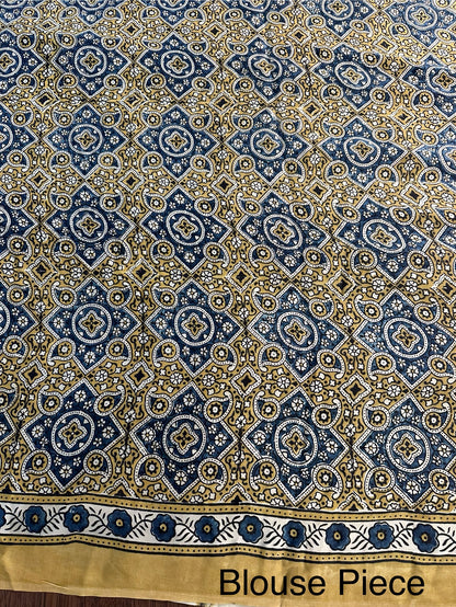 Peacock Blue-Yellow Ajrakh Blended Modal Saree