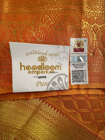 Red-Mustard Handloom Kanjivaram Jamawar Pure Silk Saree
