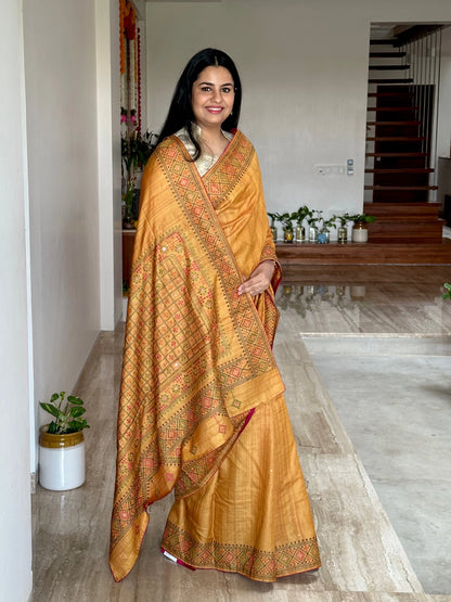 Mustard Pure Tussar Silk Saree With Embroidery