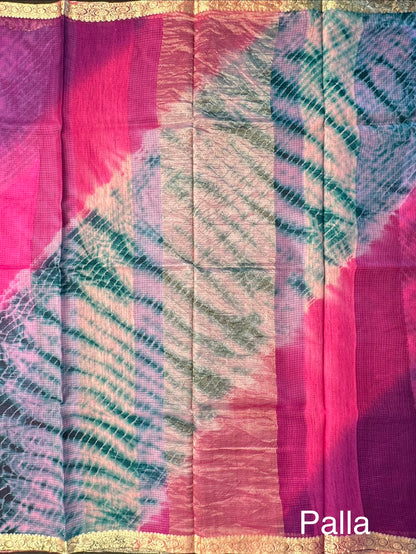 Rani Pink -Rama Green Shibori Kota Doria Pure Silk Saree