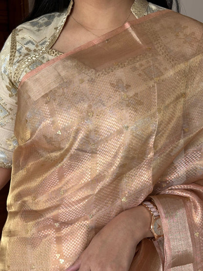 Baby Pink Emboss Pure Tissue Silk Saree