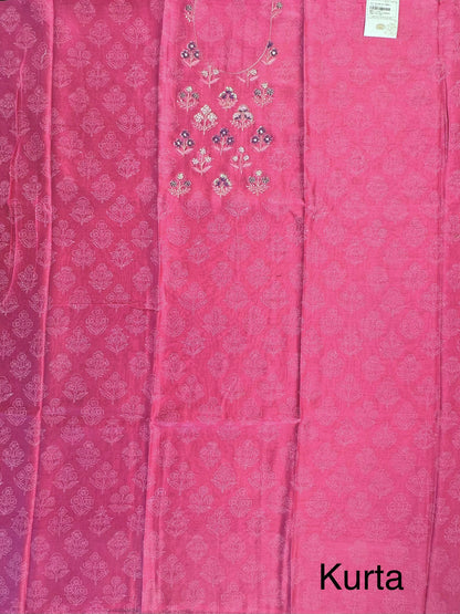 Pink Chanderi Khadi Hand Block Printed 3-Piece Unstitched Suit