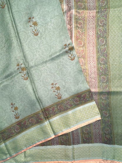 Pista Hand Block-Print Pure Kota Doria Silk Saree