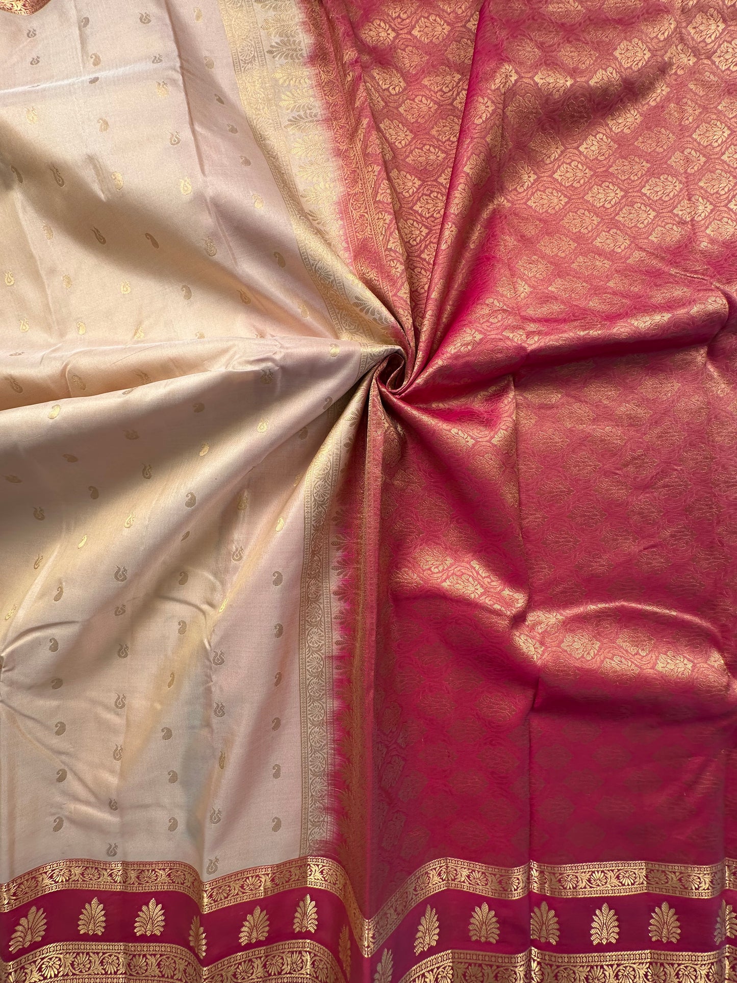 Beige Pondicherry Handloom Pure Silk Saree