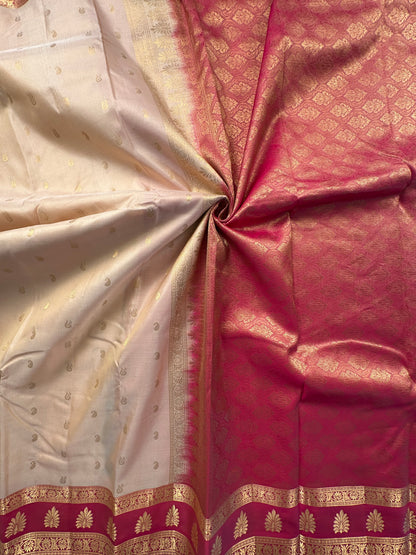 Beige Pondicherry Handloom Pure Silk Saree