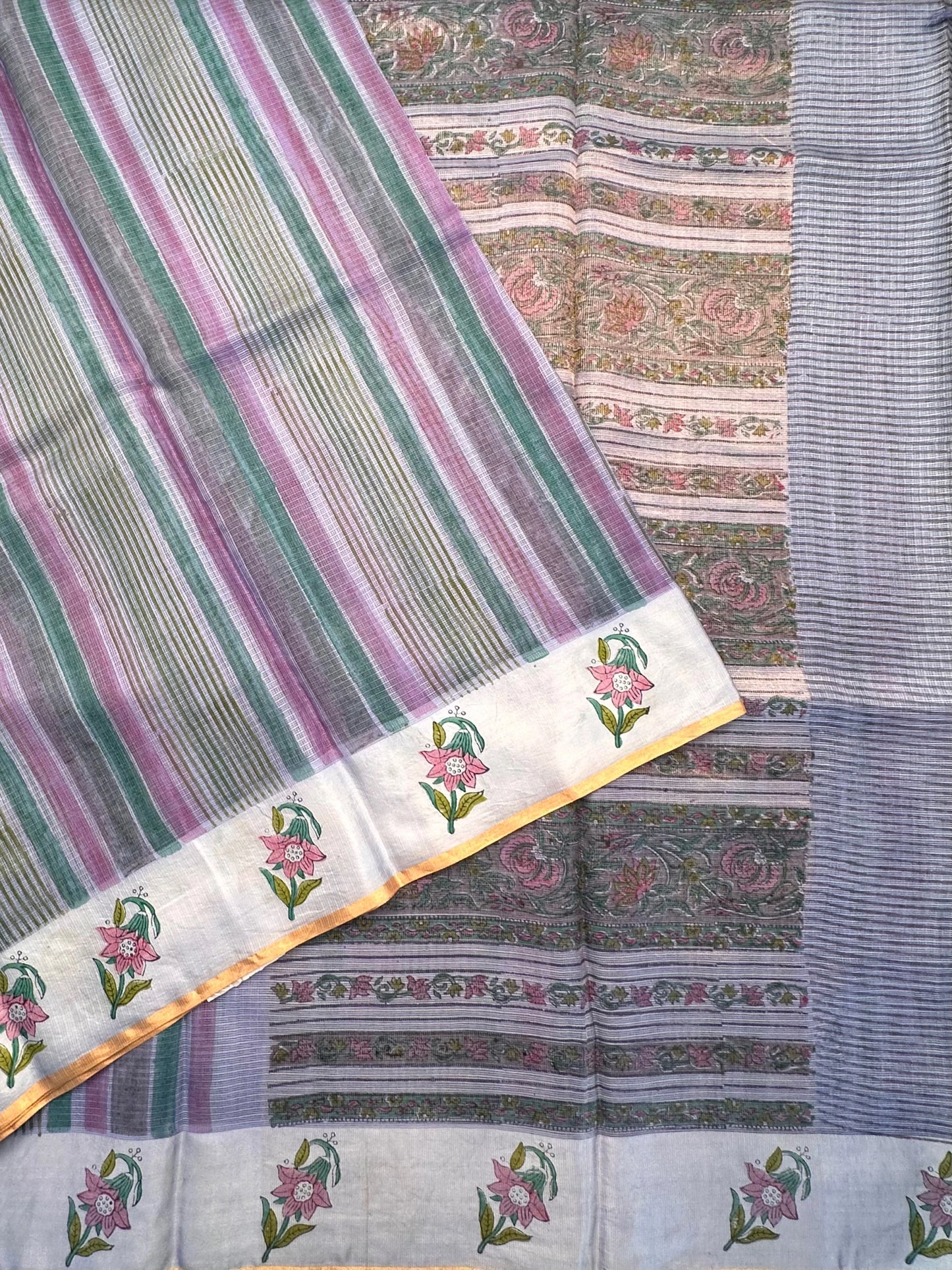 Blue-Multi Colour Hand Block-Print Pure Kota Doria Silk Saree