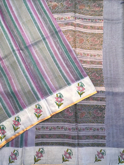 Blue-Multi Colour Hand Block-Print Pure Kota Doria Silk Saree