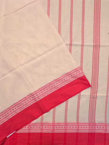 Cream-Red Piku Bengal Cotton Saree
