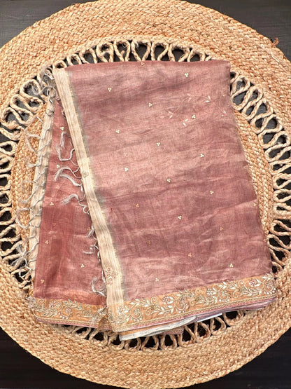 Dusky Pink- Silver Tissue Silk Saree with Hand Work