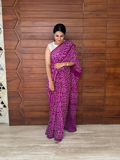 Purple Bandhej Chinon Saree
