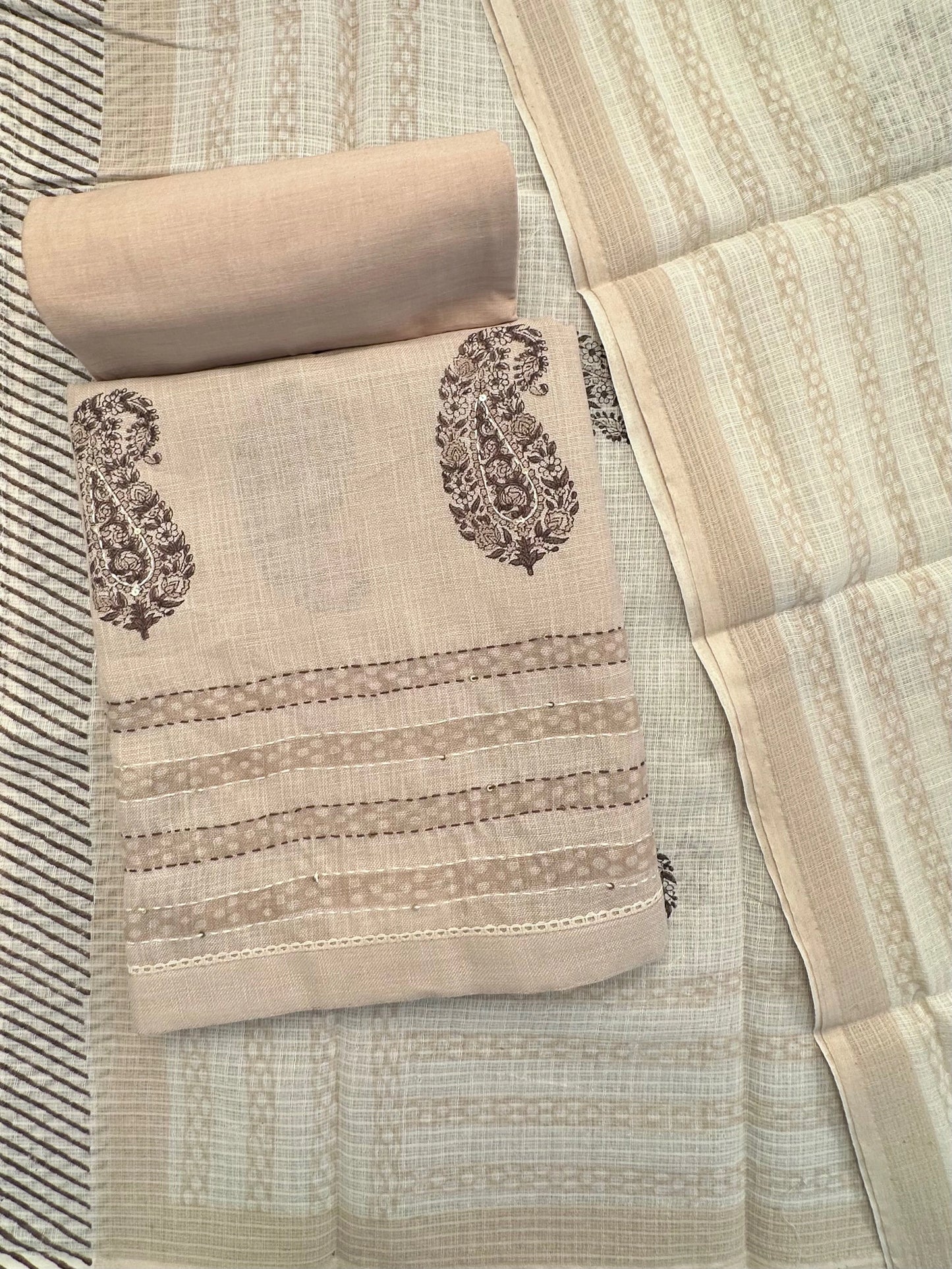 Beige Jute Cotton 3-piece Unstitched Suit