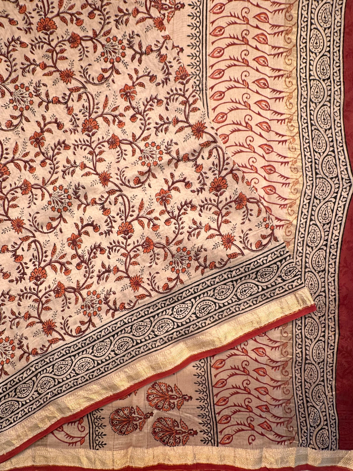 Beige-Red Chanderi Saree with Hand Block Print