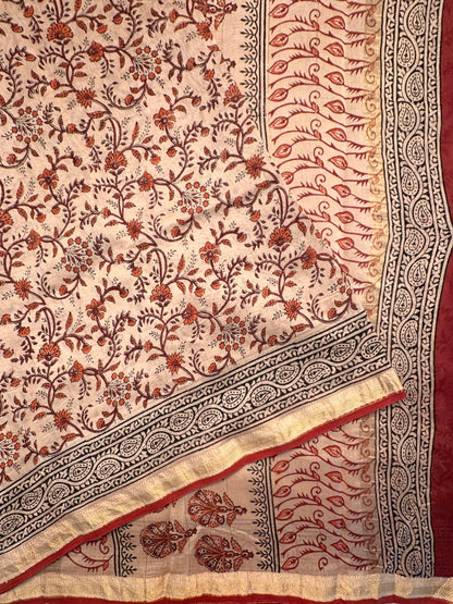 Beige-Red Chanderi Saree with Hand Block Print