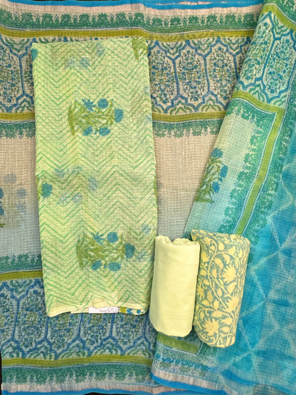 Parrot Green 4-Piece Kota Doria Cotton Unstitched Suit
