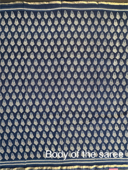 Indigo Blue Block Print Cotton Blend Saree