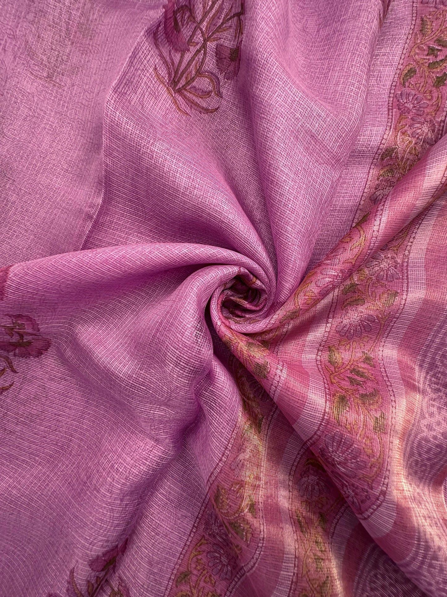 Mauve Hand Block-Print Pure Kota Doria Silk Saree