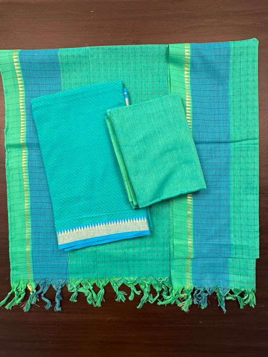 Sea Green Handloom Emboss Cotton 3-Piece Suit