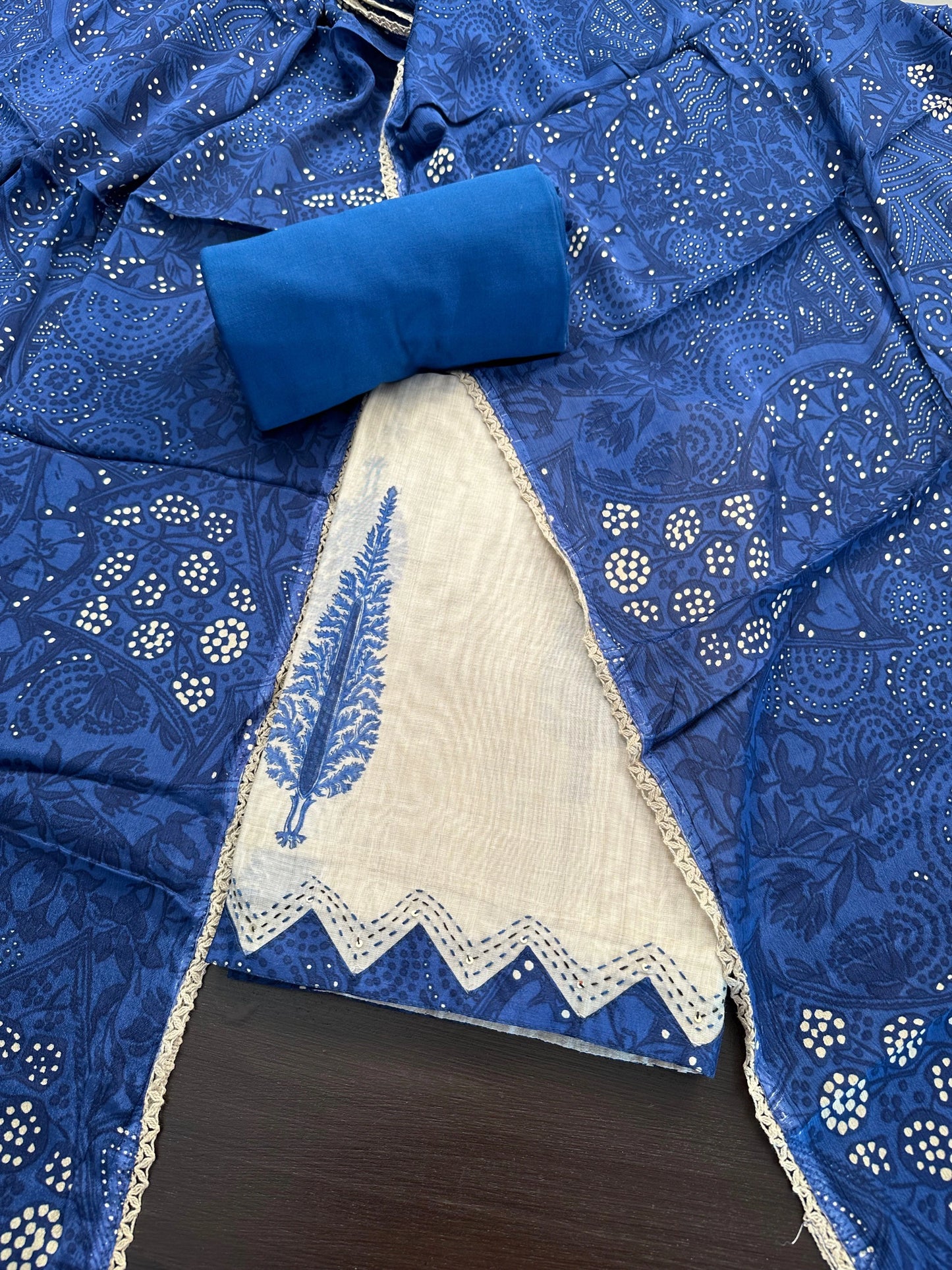 Beige-Blue Block Printed Fancy Cotton  Suit