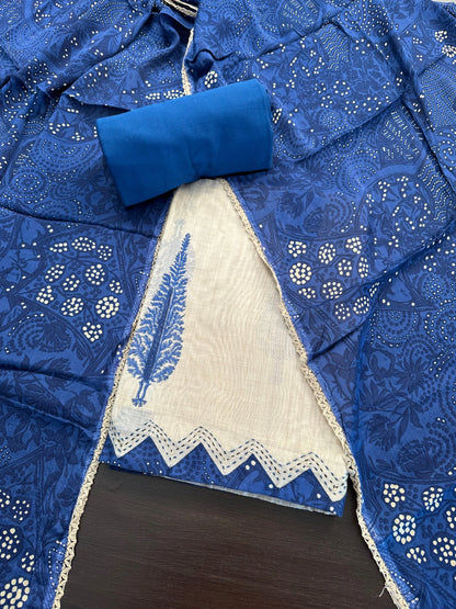 Beige-Blue Block Printed Fancy Cotton  Suit