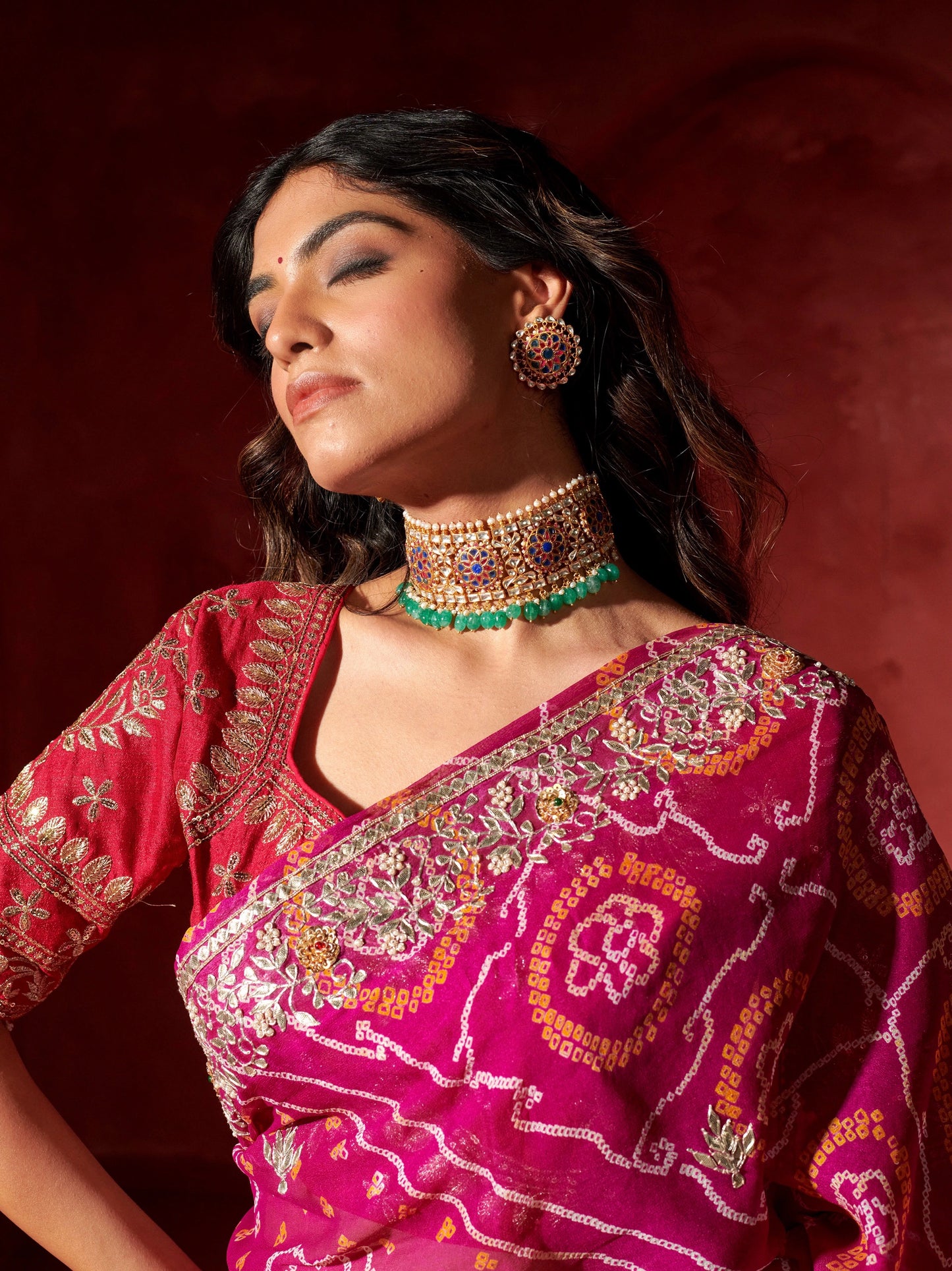 Bandhej Work Chinon Saree