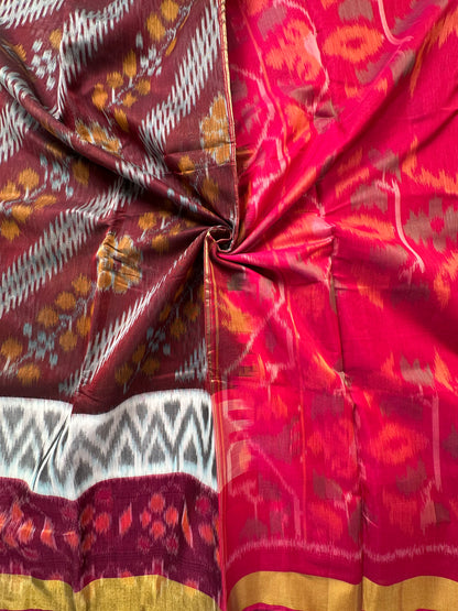 Wine-Rani Ikkat Kosa Cotton Silk Saree