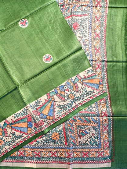 Green Madhubani Art Pure Tussar Silk Saree