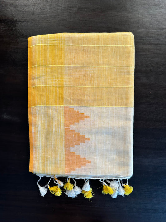 Off White-Yellow Linen Saree