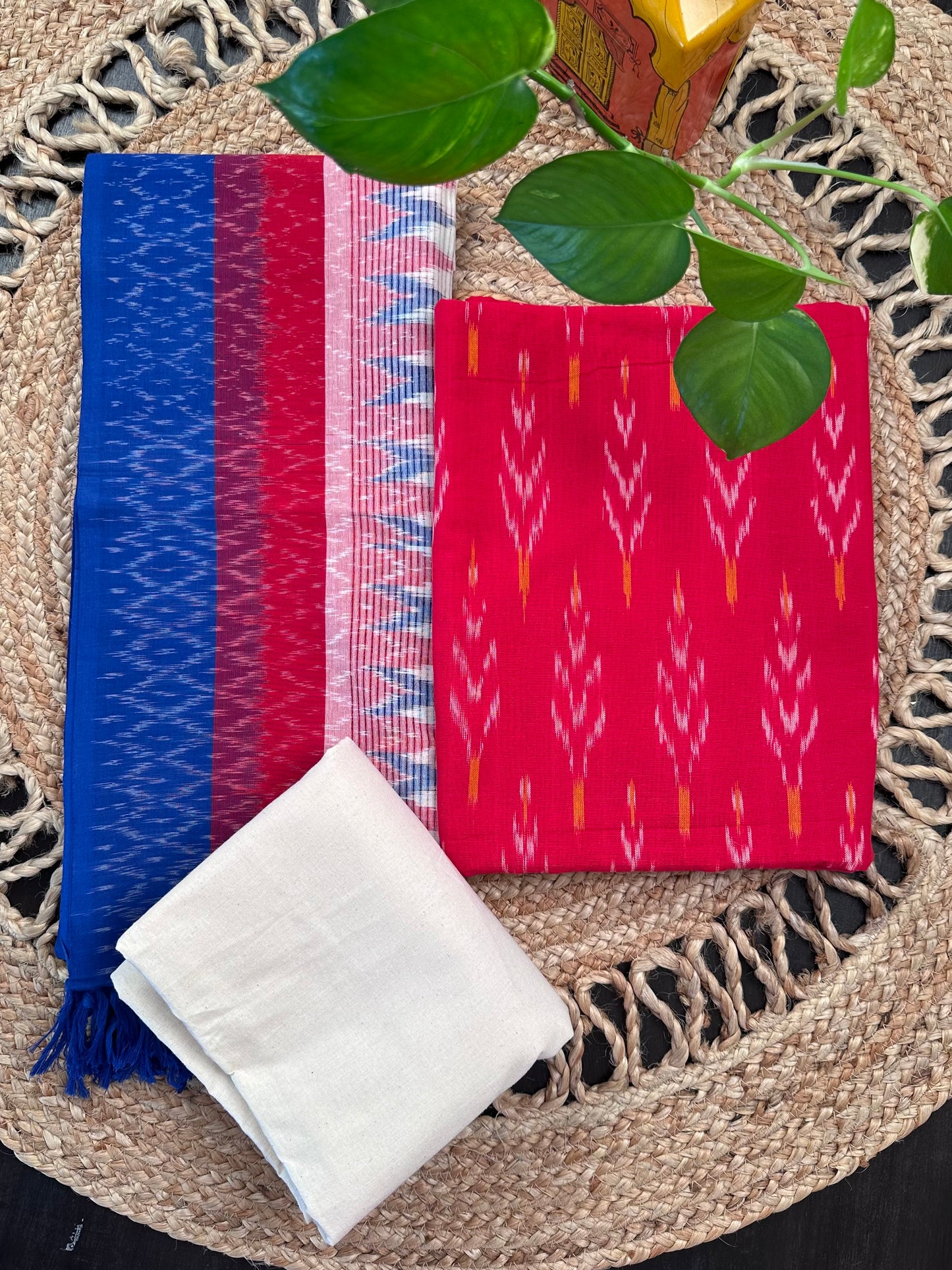 Red-Off White  Ikkat Handloom Cotton Unstitched 3-Piece Suit