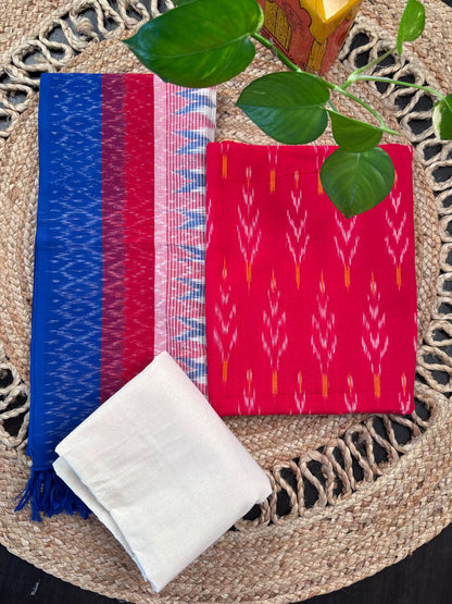 Red-Off White  Ikkat Handloom Cotton Unstitched 3-Piece Suit