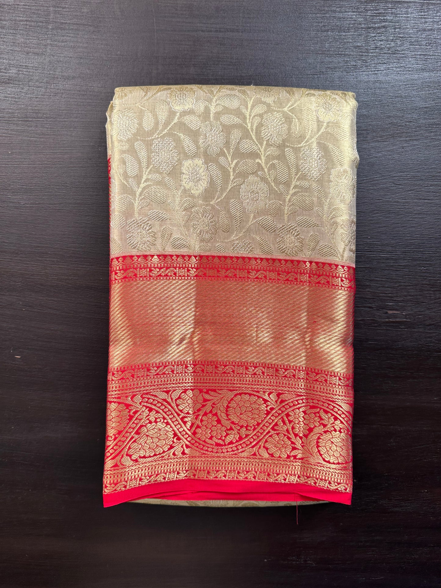 Golden - Red  Handloom Kanjivaram Jamawar Pure Tissue Silk Saree