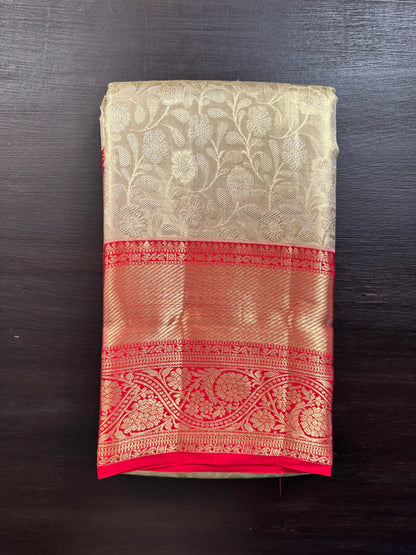 Golden - Red  Handloom Kanjivaram Jamawar Pure Tissue Silk Saree