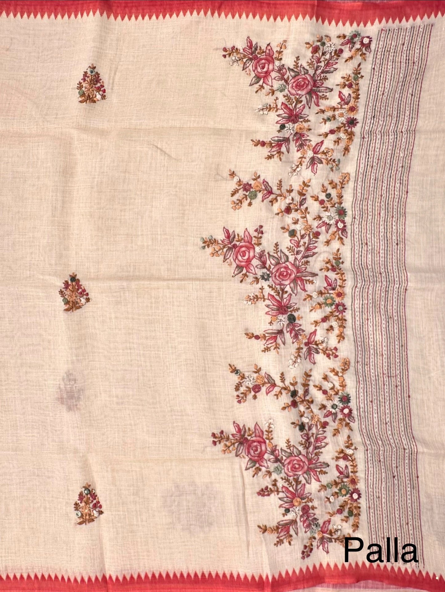 Cream Blended Cotton Saree with Handwork