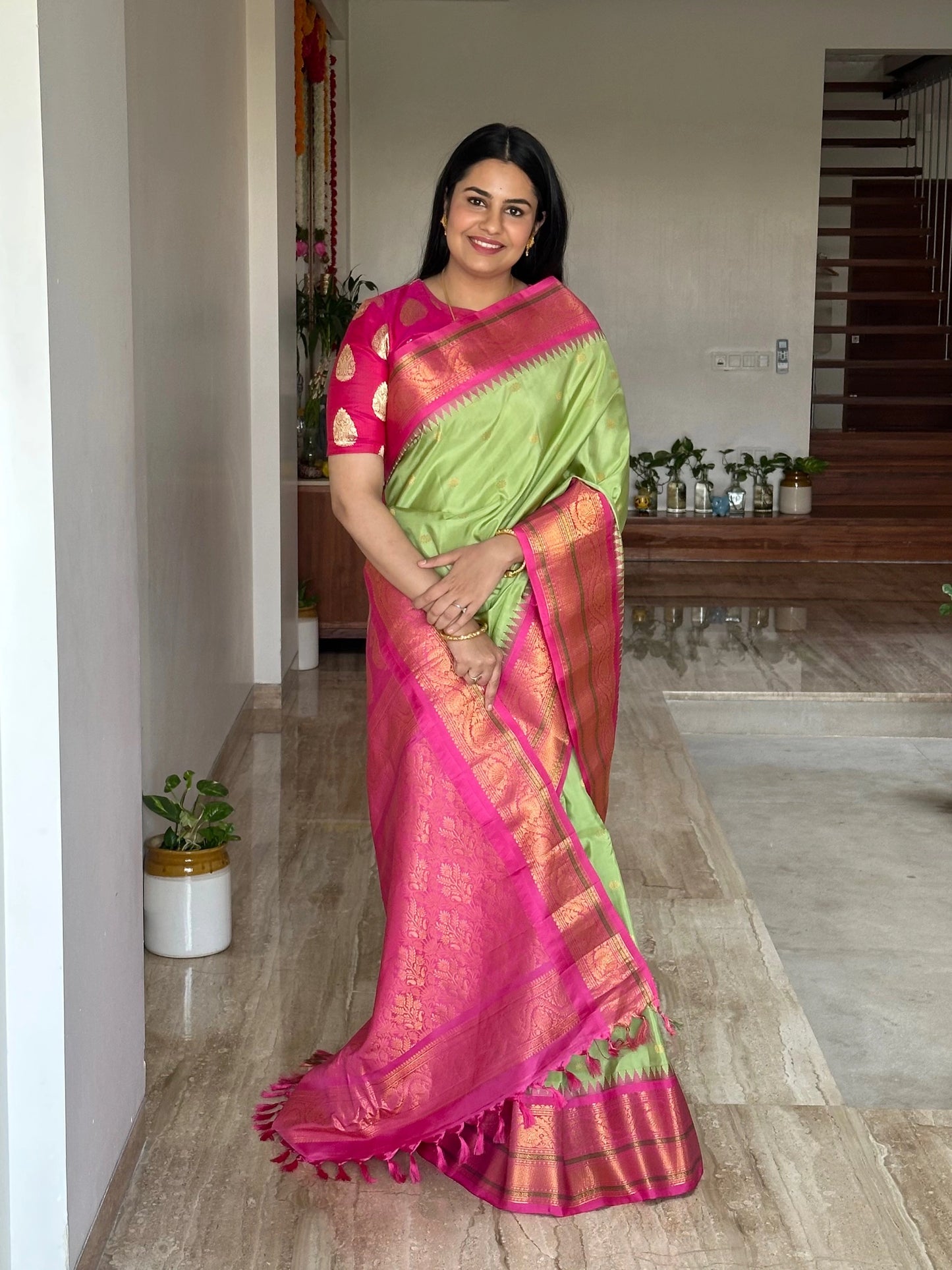 Pista Green-Pink Gadwal Pure Silk Saree