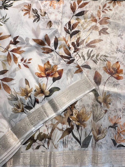 Off White - Multi Floral Print Organza Saree