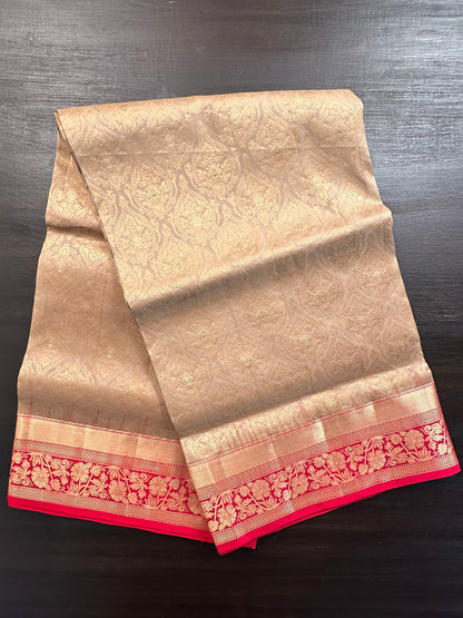 Beige-Red Handloom Kanjivaram Jamawar Pure Silk Saree