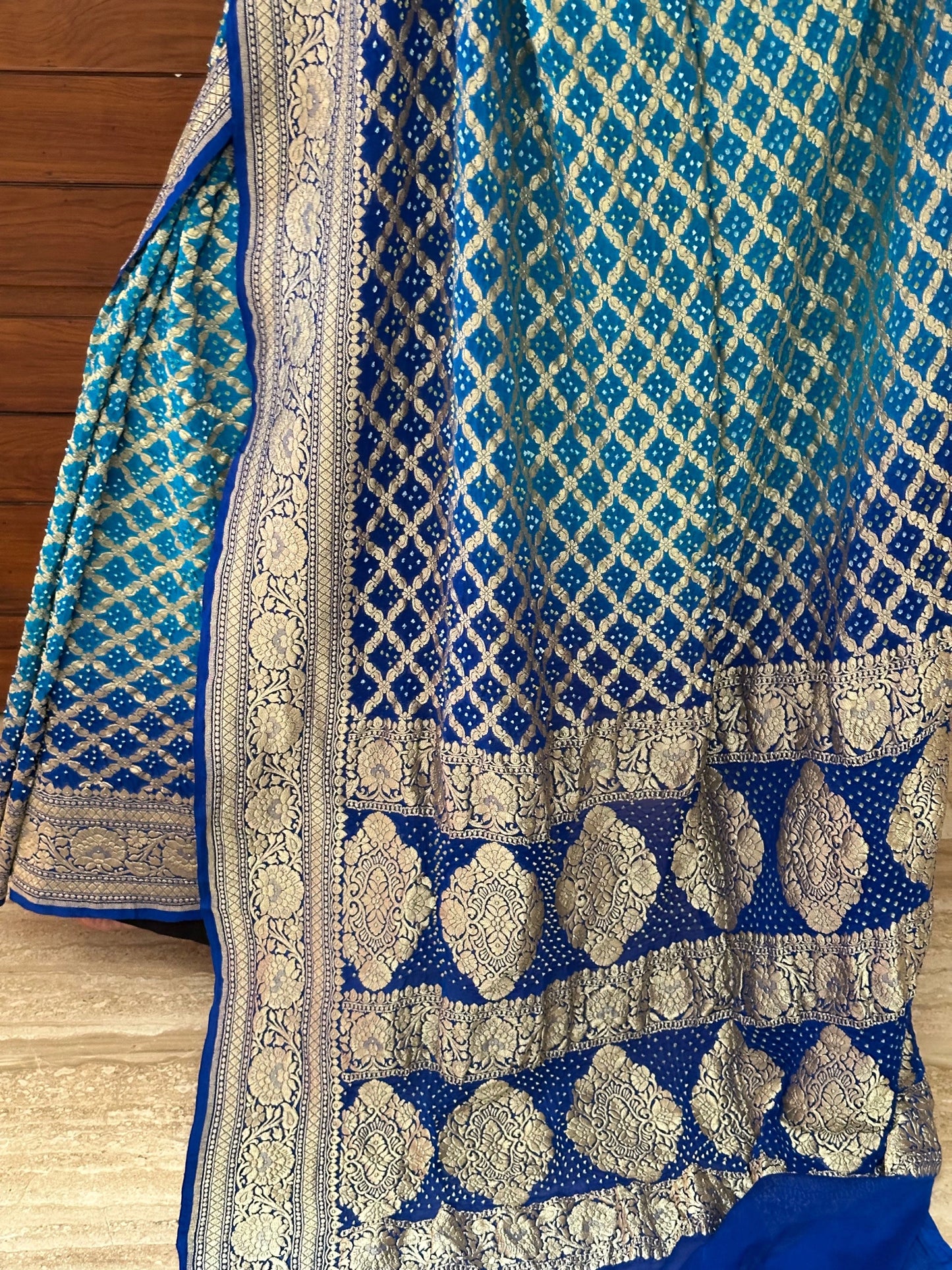 Firozi-Royal Blue Gharchola Bandhej Pure Georgette Saree