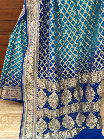 Firozi-Royal Blue Gharchola Bandhej Pure Georgette Saree