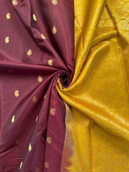 Wine-Mustard Pondicherry Pure Silk Saree
