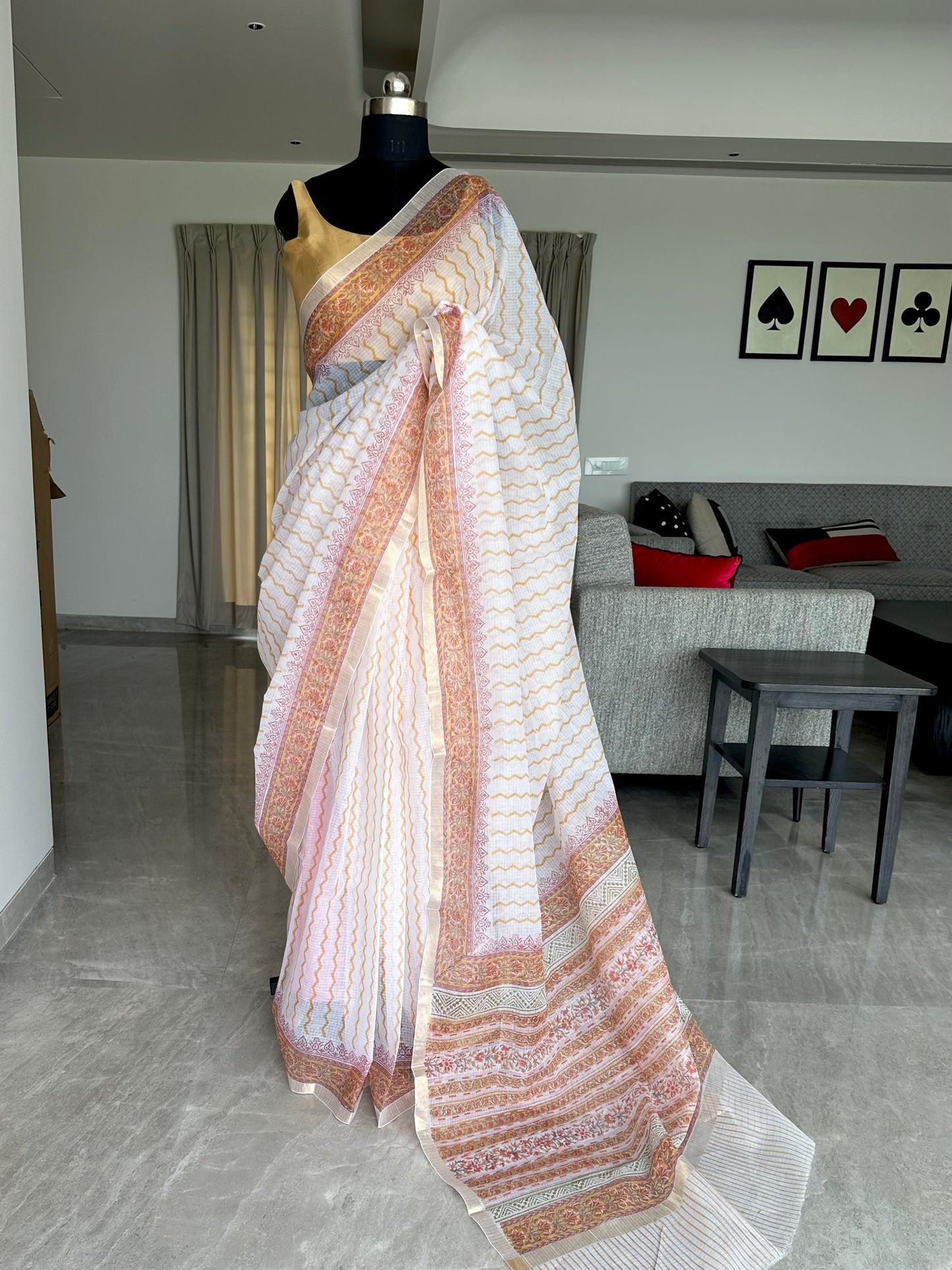 Off White- Black Block Printed Kota Doria Cotton Saree