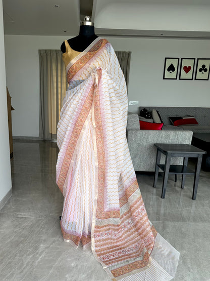 Off White- Black Block Printed Kota Doria Cotton Saree