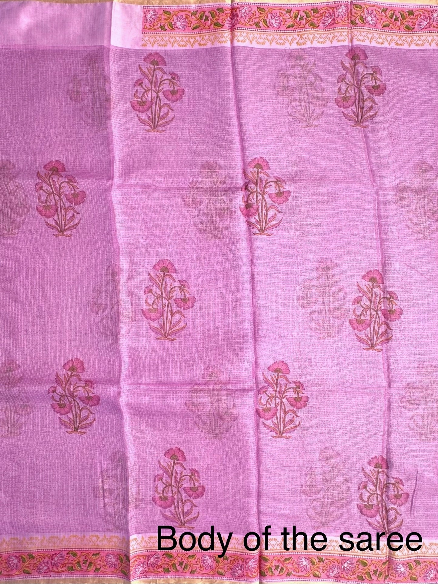 Mauve Hand Block-Print Pure Kota Doria Silk Saree