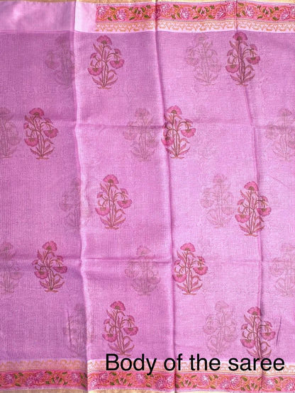 Mauve Hand Block-Print Pure Kota Doria Silk Saree