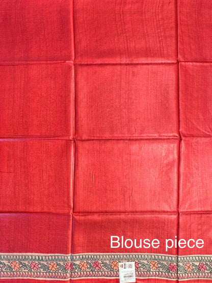 Red Madhubani Art Pure Tussar Silk Saree