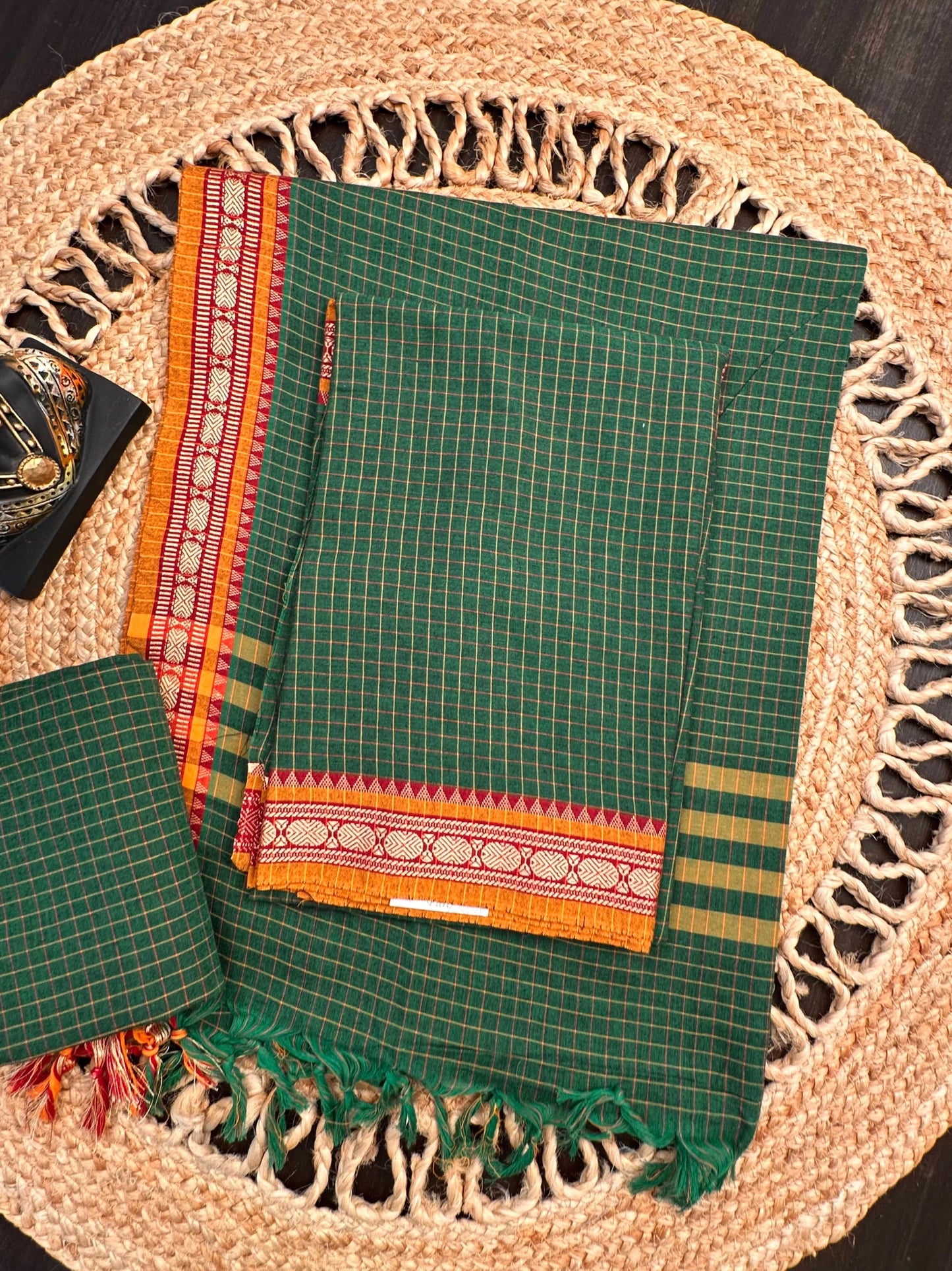 Green Checkered Dharwad South Cotton 3-Piece Suit