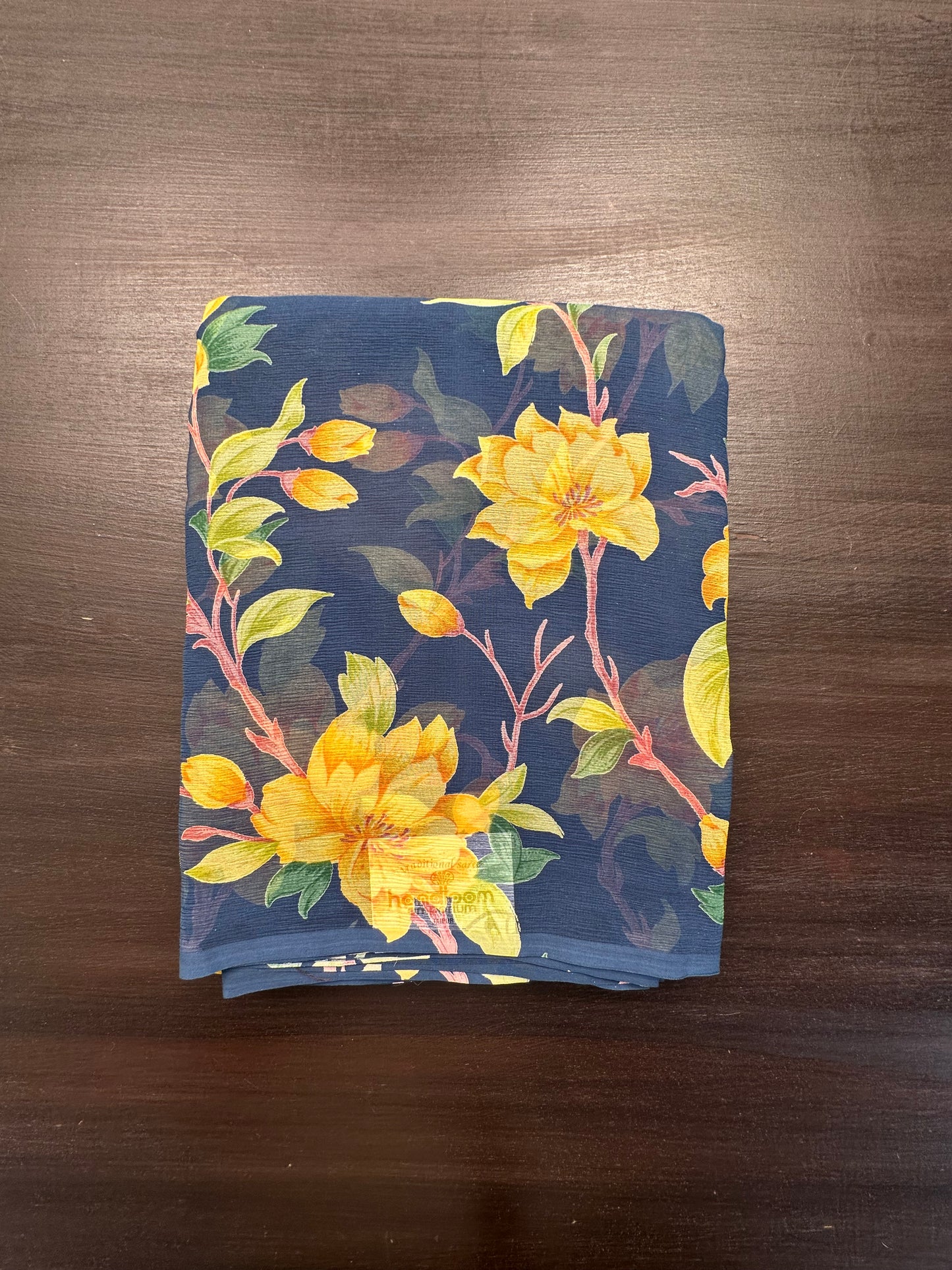 Navy Blue Floral Print Chiffon Saree