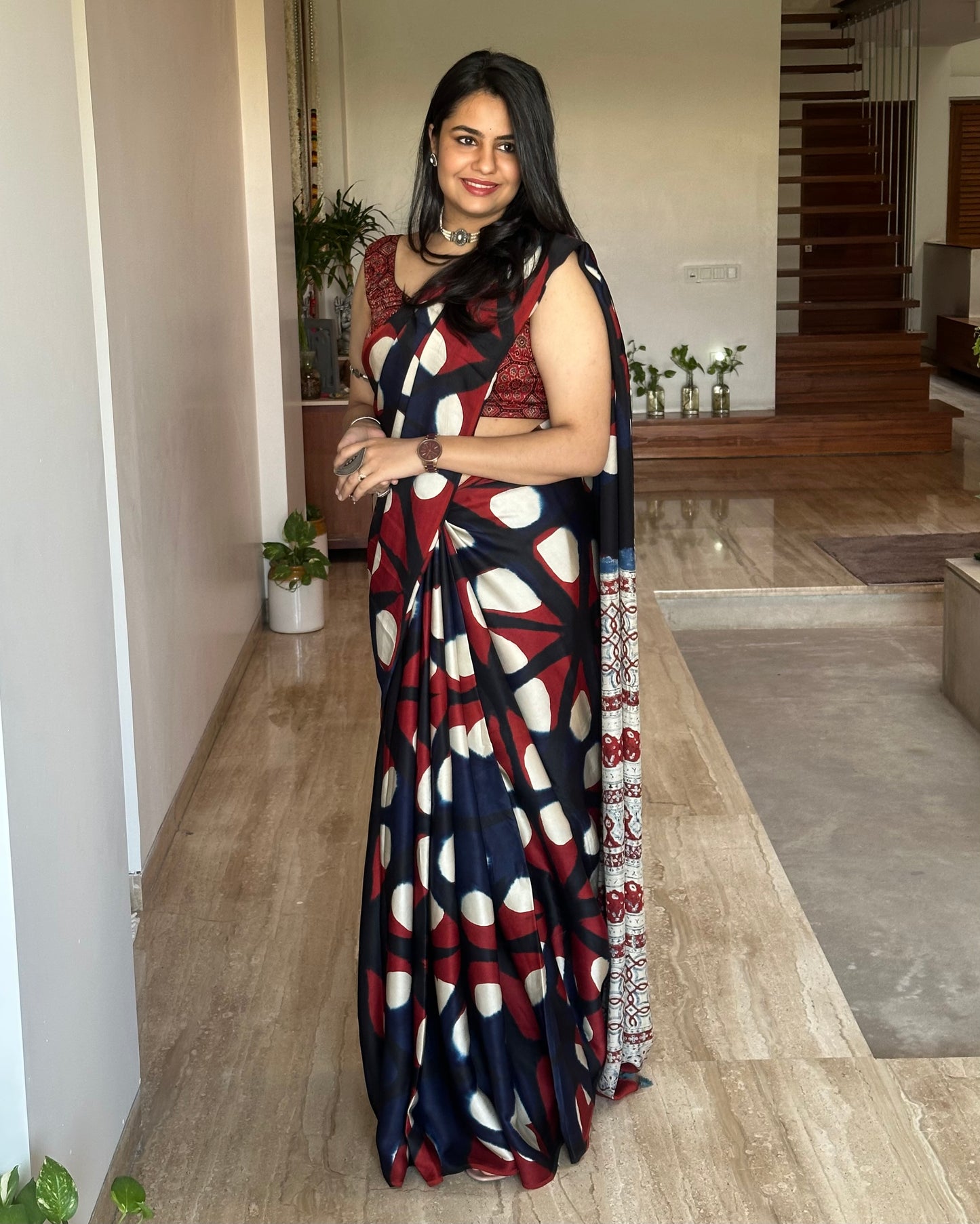 Royal Indigo-Red Ajrakh Blended Modal Saree
