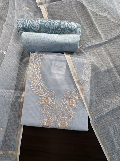 Grey 4-Piece Kota Doria Cotton Unstitched Suit