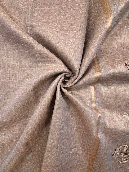 Grey Fancy Zari Cotton Saree With Hand Work